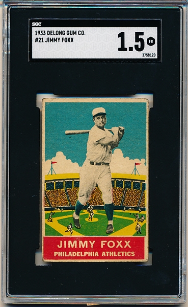1933 DeLong Gum Co. Bb- #21 Jimmy Foxx, Phila. A’s- SGC 1.5 (Fair)