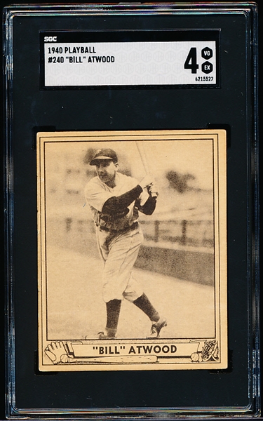 1940 Playball Baseball- #240 Bill Atwood, Phillies- Hi#- SGC 4 (Vg-Ex)- Last card in the set
