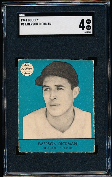 1941 Goudey Baseball- #6 Emerson Dickman, Red Sox- SGC 4 (Vg-Ex)- Blue Color