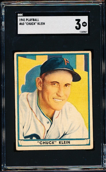 1941 Playball Baseball- #60 Chuck Klein, Phillies- SGC 3 (Vg)- Hi#
