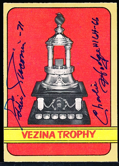 Autographed 1972-73 O-Pee-Chee Hockey #155 Vezina Trophy- by Eddie Giacomin and Charlie Hodge