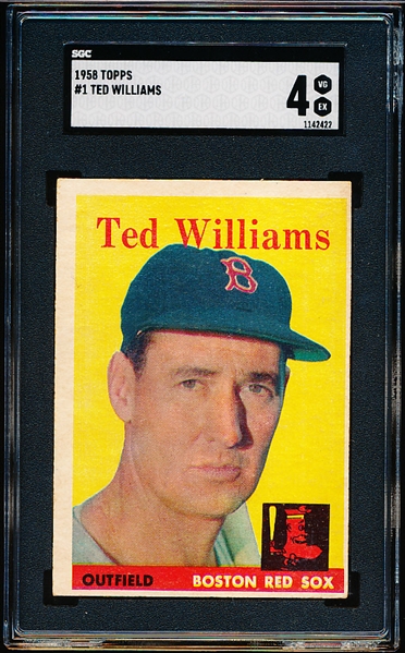 1958 Topps Baseball- #1 Ted Williams, Red Sox- SGC 4 (Vg-Ex)