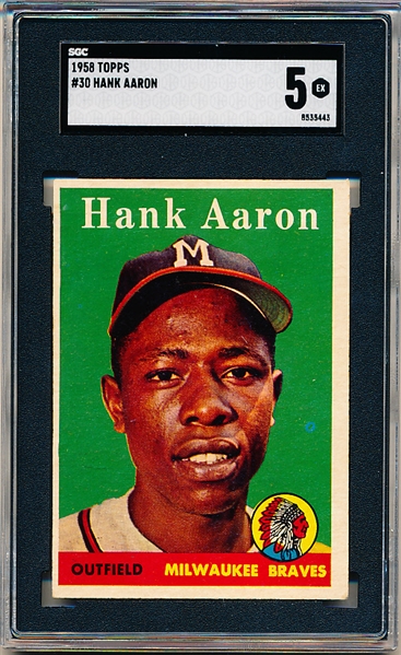 1958 Topps Baseball- #30 Hank Aaron, Braves- SGC 5 (Ex)