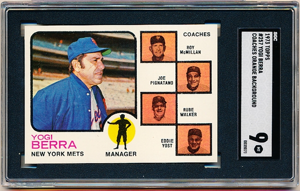 1973 Topps Baseball- #257 Yogi Berra (Mets Coaches)- Orange Background Version- SGC 9 (Mint)