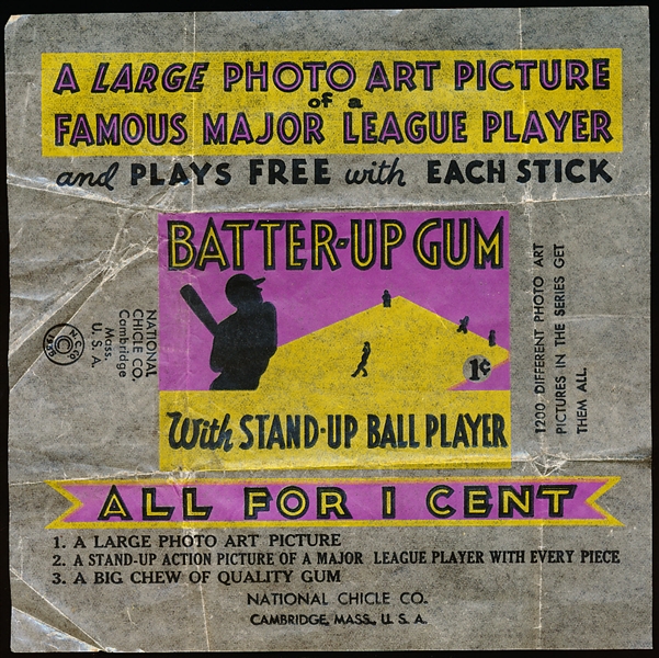 1934-36 Batter Up Baseball 1 Cent Wrapper (National Chicle 1935 Date)- “Batter Up Gum with Stand Up Ball Player”
