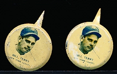 1938 Our National Baseball Game Pins- Bill Terry, NY Giants- 2 Pins
