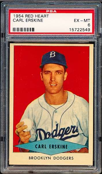 1954 Red Heart Baseball- Carl Erskine, Dodgers- PSA Ex-Mt 6