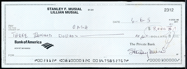 Stan Musial Double Signed Personal Check- 6/6/05