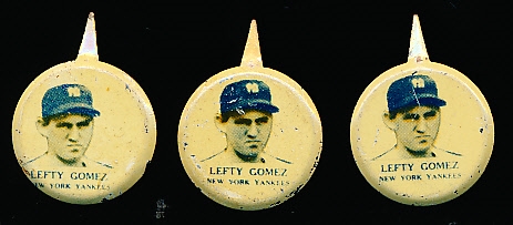 1938 Our National Game Baseball Pins- Lefty Gomez, NY Yankees- 3 Pins
