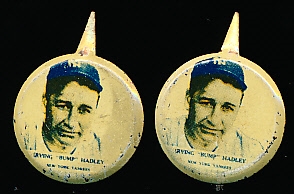 1938 Our National Game Baseball Pins- Bump Hadley, NY Yankees- 2 Pins