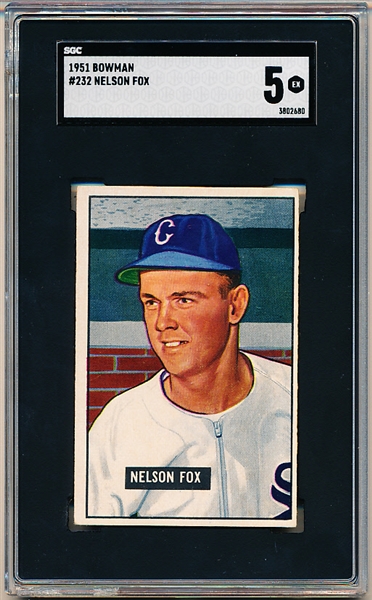 1951 Bowman Baseball- #232 Nellie Fox, White Sox- Rookie!- SGC 5 (Ex)