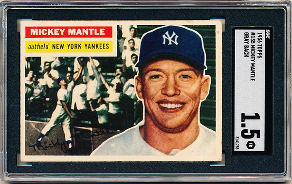 1956 Topps Baseball- #135 Mickey Mantle, Yankees- SGC 1.5 (Fair)- Gray back.