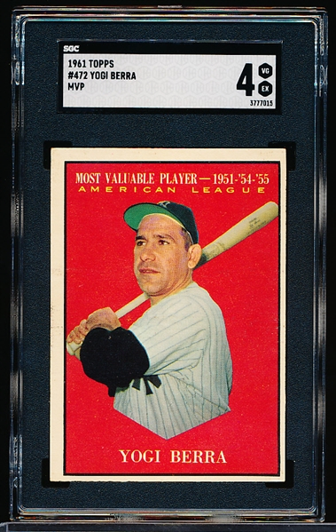 1961 Topps Baseball- #472 Yogi Berra, Yankees- MVP- SGC 4 (Vg-Ex)