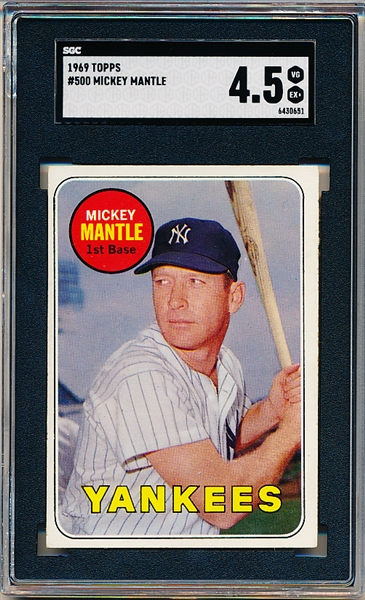 1969 Topps Baseball- #500 Mickey Mantle, Yankees-- Yellow “Mantle” version- SGC 4.5 
