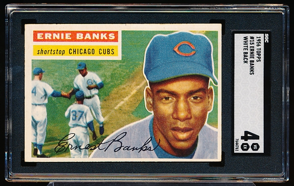 1956 Topps Baseball- #15 Ernie Banks, Cubs- SGC 4 (Vg-Ex)- white back.