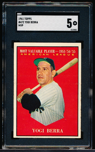 1961 Topps Baseball- #472 Yogi Berra MVP- SGC 5 (Ex)