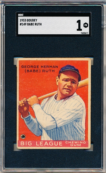 1933 Goudey Baseball- #149 Babe Ruth- SGC 1 Poor