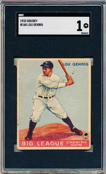 1933 Goudey Baseball- #160 Lou Gehrig, Yankees- SGC 1 Poor