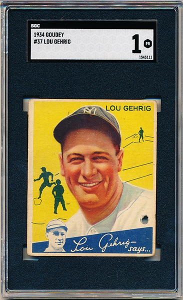 1934 Goudey Baseball- #37 Lou Gehrig, Yankees- SGC 1 Poor