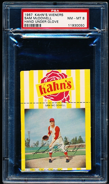 1967 Kahn’s Wieners Baseball- Sam McDowell, Cleveland- Hand Under Glove Pose- PSA Nm-Mt 8