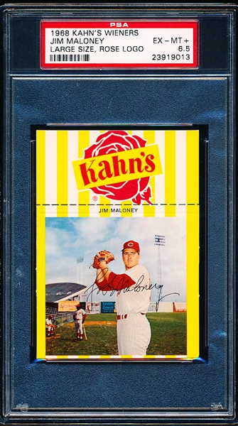 1968 Kahn’s Wieners Baseball- Jim Maloney, Reds- Large size- Rose logo version- PSA 6.5 Ex-Mt+