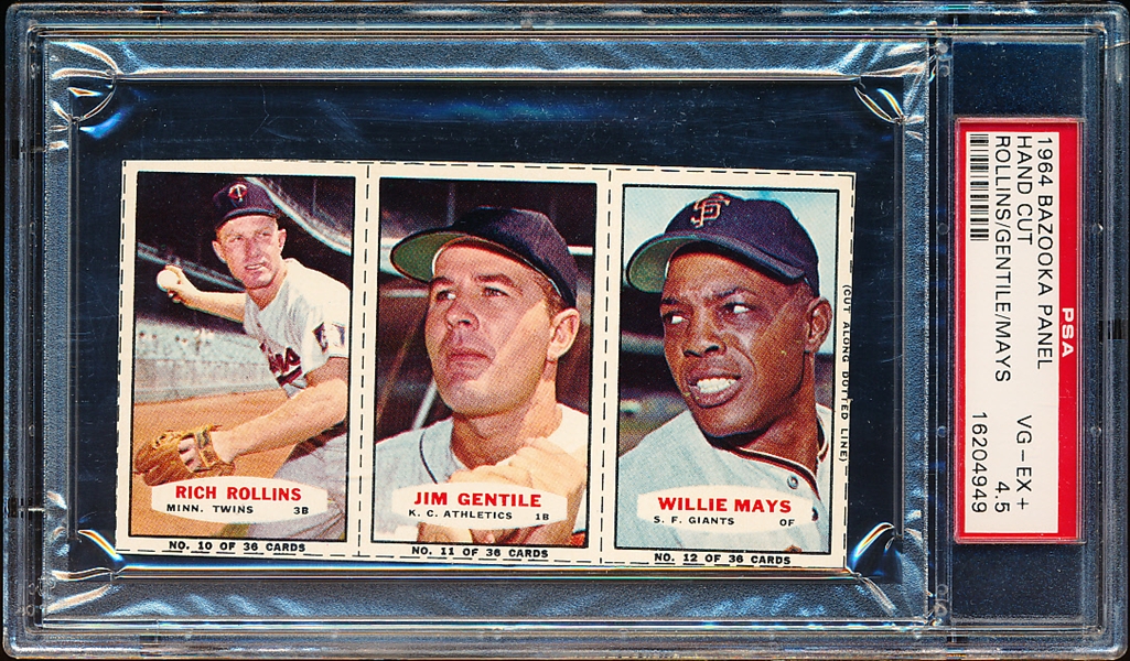 1964 Bazooka Baseball- 3 Card Panel- #10 Rollins/ #11 Gentile/ #12 Willie Mays- PSA Vg-Ex+ 4.5