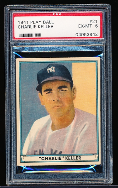 1941 Playball Baseball- #21 Charlie Keller, Yankees- PSA Ex-Mt 6 –  Dated 1941 back.