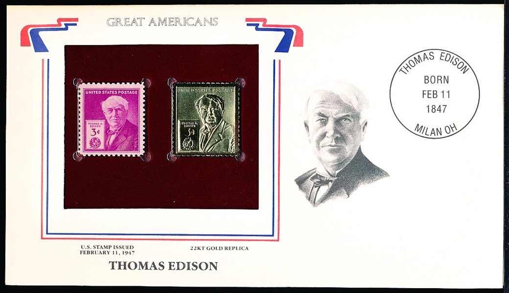 U.S. Postal Commemorative Society “Great Americans” Original & 22kt. Gold Replica Stamps- Thomas Edison