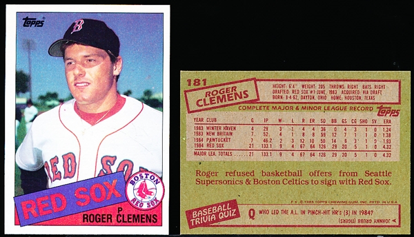 1985 Topps Baseball- #181 Roger Clemens RC- 9 Cards