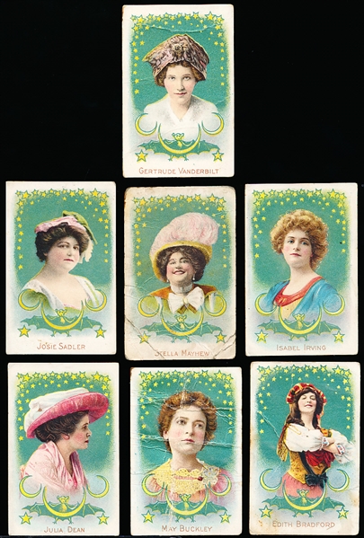 Early 1900’s Fatima Cigarettes “Actress Series” (T-27)- 7 Diff. with Stars & Bat Holding Up Crescent Borders