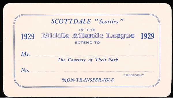 1929 Scottdale (PA) Scotties MiLB Middle Atlantic League Season Pass
