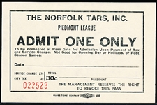 1940’s-50’s Norfolk Tars Piedmont League Admit One Game Coupon