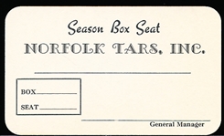 1940’s-50’s Norfolk Tars Piedmont League Season Box Seat Pass