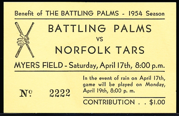 April 17, 1954 Norfolk Tars vs. Battling Palms Piedmont League MiLB Ticket