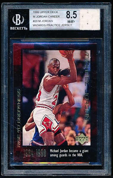 1999 Upper Deck Bskbl. “Michael Jordan Career” #20 with Wizards Practice Jersey Swatch- Beckett Graded NrMt-Mt+ 8.5