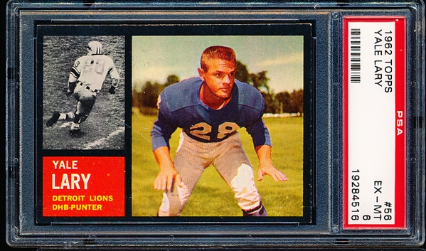1962 Topps Football- #56 Yale Lary, Lions- PSA Ex-Mt 6