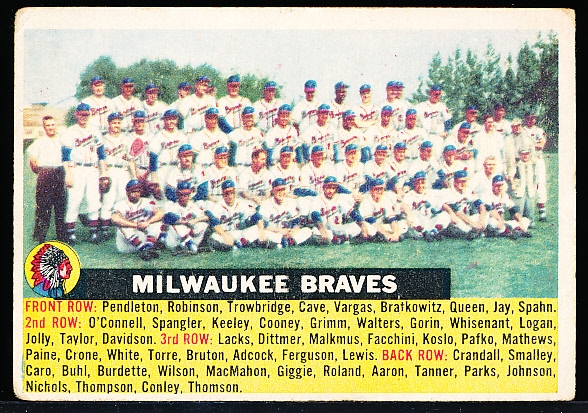 1956 Topps Baseball- #95 Milwaukee Braves Team- White Back- Name Centered