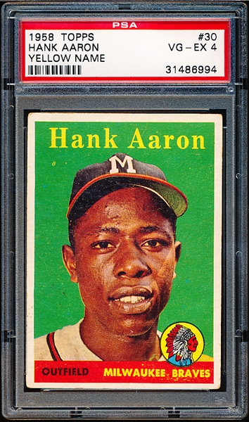 1958 Topps Baseball- #30 Hank Aaron, Braves- Yellow Name Variation- PSA Vg-Ex 4