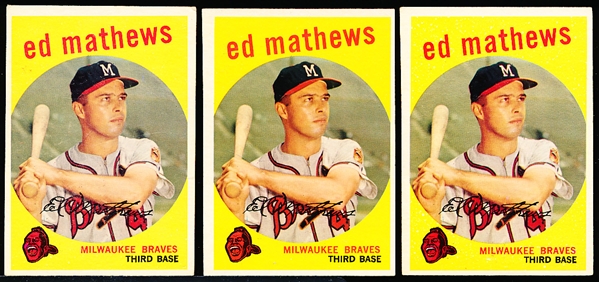 1959 Topps Baseball- #450 Ed Mathews, Braves- 3 Cards