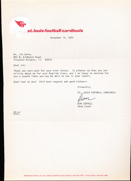 1974 St. Louis Cardinals Football- Letter on Cardinals Stationary