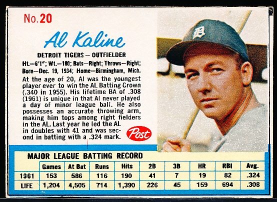 1962 Post Cereal Bb- #20 Al Kaline, Tigers