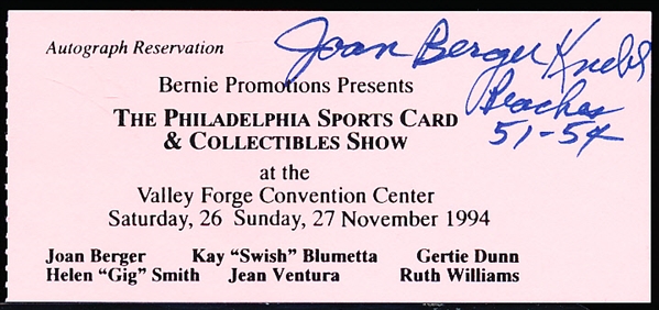 Nov. 1994 Philadelphia Sports Card & Collectible Show Autograph Ticket Stub Signed by Joan Berger Knebel