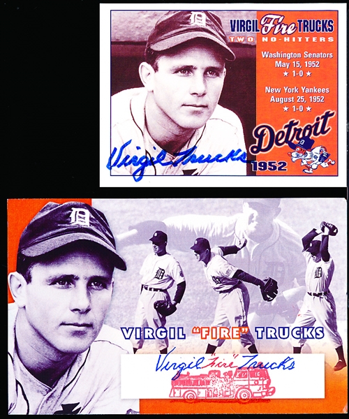 Autographed Virgil “Fire” Trucks 5-1/2” x 3-1/2” Book Ad Card & a 4” x 3” Two No-Hitters Card