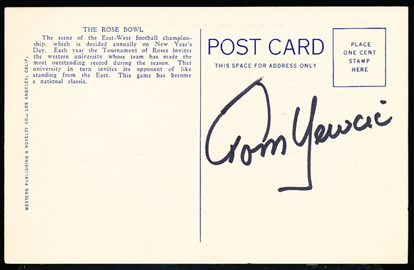 Western Publishing & Novelty Co. “6A-H1823, P-38 The Rose Bowl Pasadena, California” Linen Postcard Signed on Back by Tom Yewcic