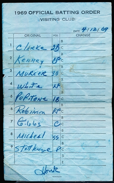 April 12, 1969 New York Yankees vs. Detroit Tigers Batting Order Carbon Copy