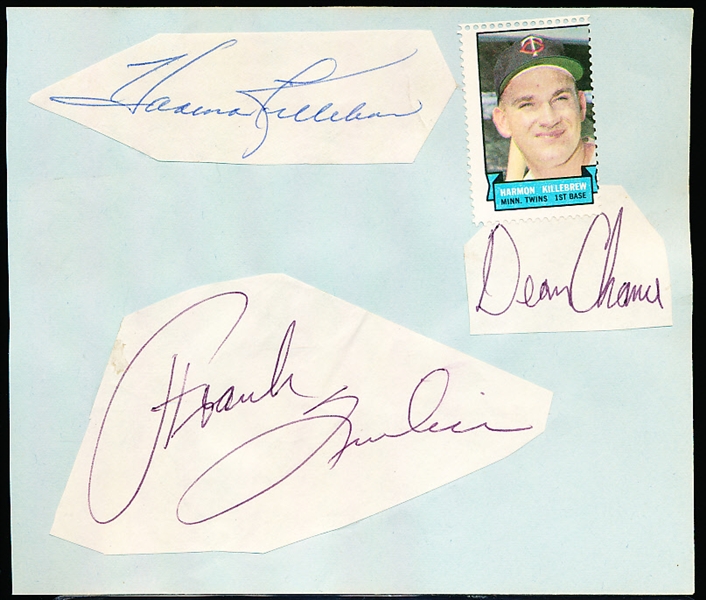 Autographed Harmon Killebrew, Dean Chance, and Frank Quilici Cut Bsbl. Signatures Glued to an Album Page