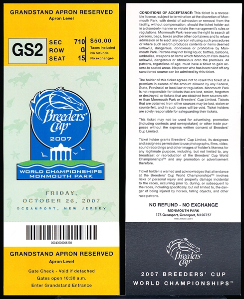 2007 Breeder’s Cup World Championships @ Monmouth Park, NJ- 6 Complete Tickets