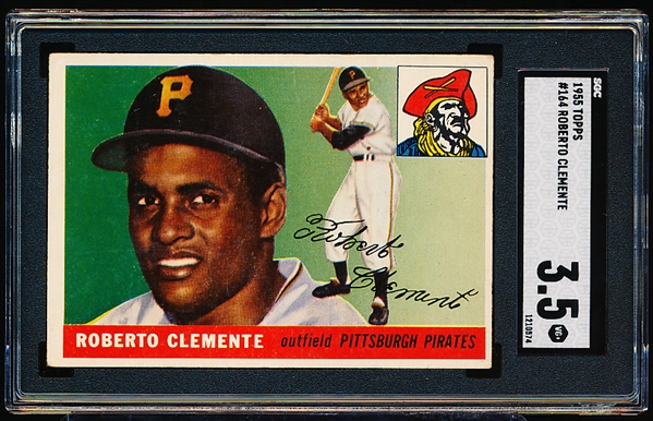 1955 Topps Baseball- #164 Roberto Clemente, Pirates- Rookie!- SGC 3.5 (Vg+)