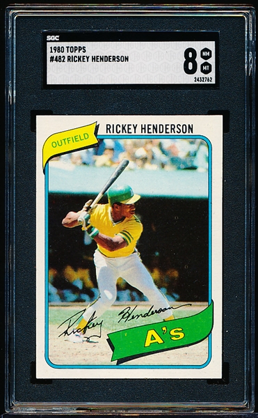 1980 Topps Baseball- #482 Rickey Henderson, A’s- Rookie!- SGC 8 (Nm-Mt 8)