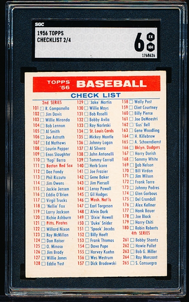 1956 Topps Baseball- Checklist 2/4- SGC 6 (Ex-NM)